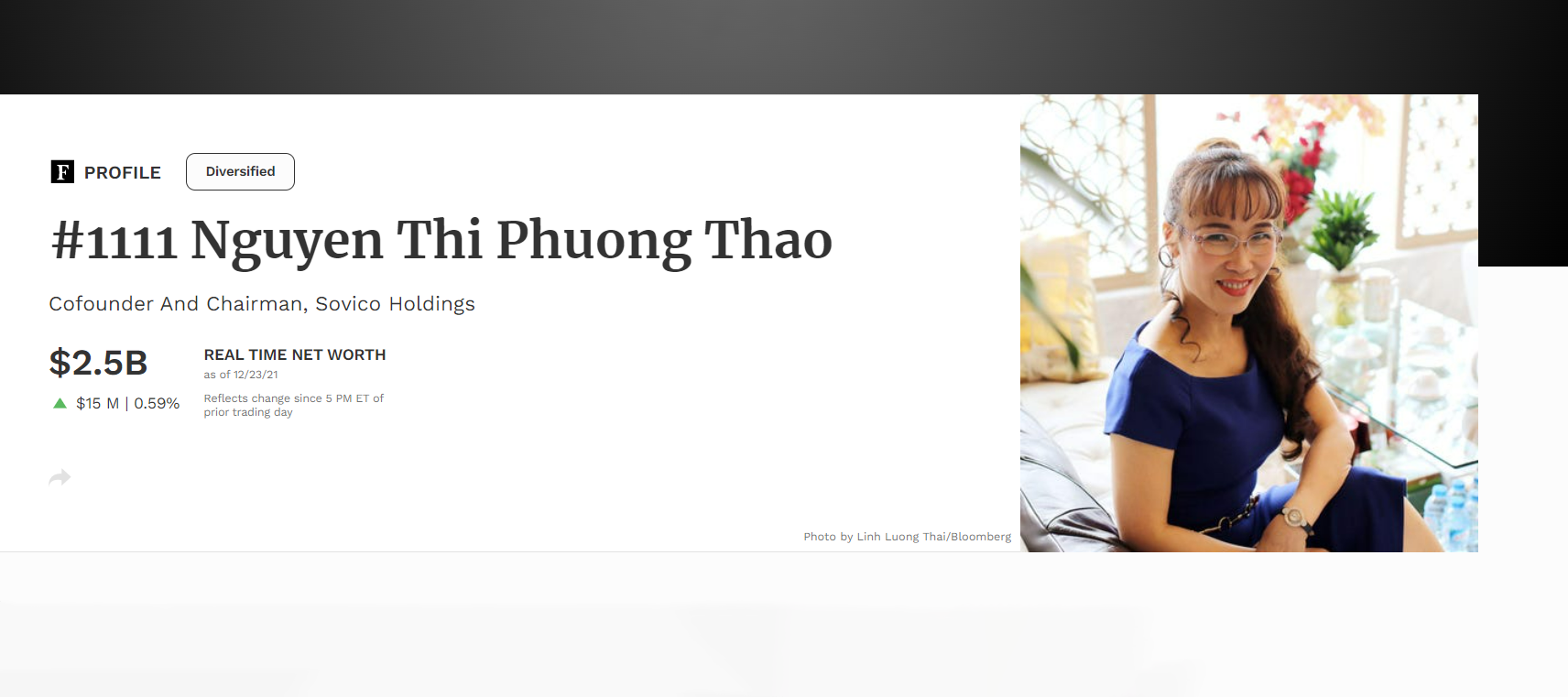Đứng thứ 4 trong danh sách là bà Nguyễn Thị Phương Thảo - Tổng giám đốc hãng hàng không Vietjet Air với giá trị tài sản 2,5 tỉ USD.
