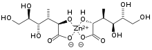 Skeletal chemical formula of a planar compound featuring a Zn atom in the center, symmetrically bonded to four oxygens. Those oxygens are further connected to linear COH chains.